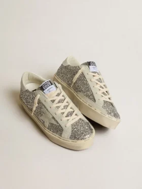 Damskie buty Hi Star w srebrnym brokacie z zamszową gwiazdą i białą wstawką na pięcie