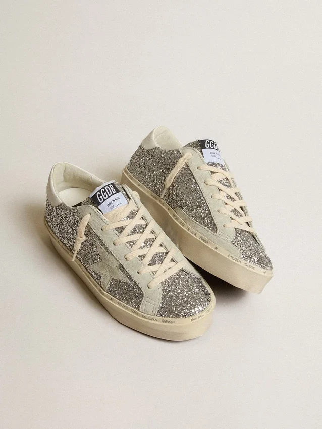 Damskie buty Hi Star w srebrnym brokacie z zamszową gwiazdą i białą wstawką na pięcie