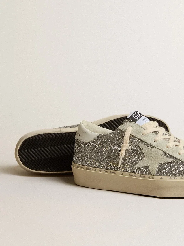 Damskie buty Hi Star w srebrnym brokacie z zamszową gwiazdą i białą wstawką na pięcie