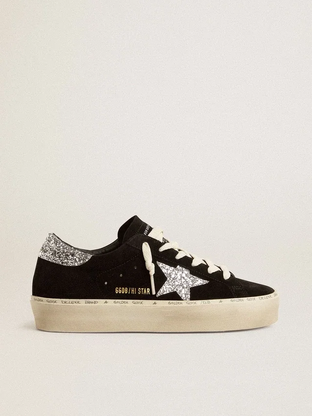 Damskie buty Hi Star z czarnego zamszu ze srebrną gwiazdą z brokatem