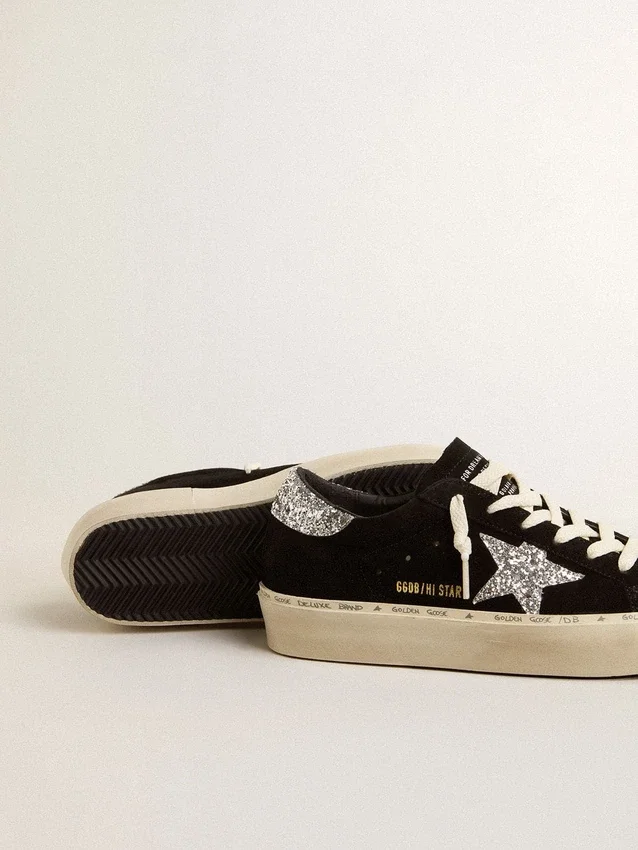 Damskie buty Hi Star z czarnego zamszu ze srebrną gwiazdą z brokatem