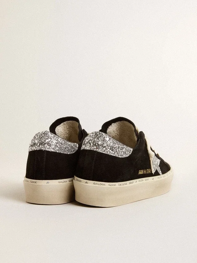 Damskie buty Hi Star z czarnego zamszu ze srebrną gwiazdą z brokatem