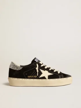 Damskie buty Hi Star z czarnej skóry z srebrną, brokatową wstawką na pięcie