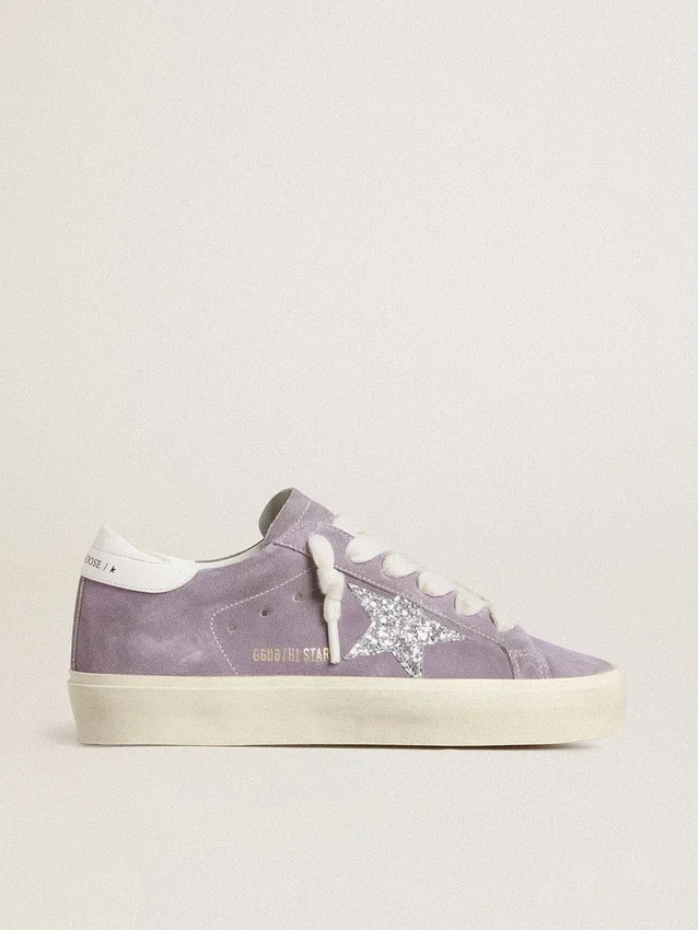 Damskie buty Hi Star z fioletowego zamszu ze srebrną gwiazdą z brokatem