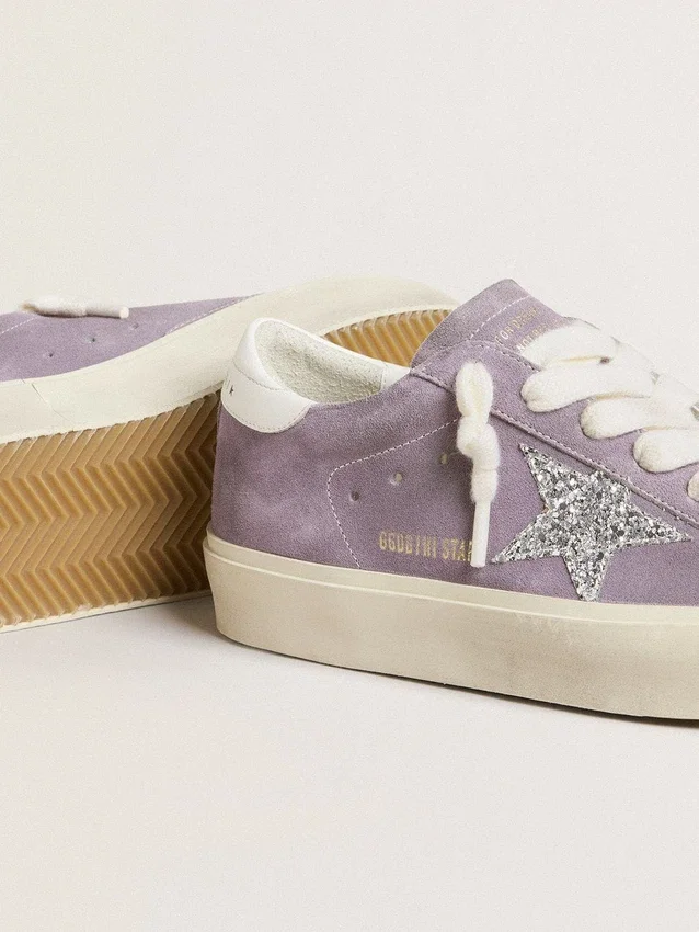 Damskie buty Hi Star z fioletowego zamszu ze srebrną gwiazdą z brokatem