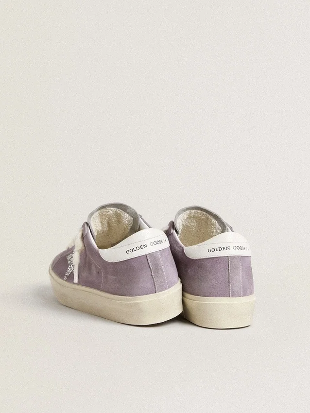 Damskie buty Hi Star z fioletowego zamszu ze srebrną gwiazdą z brokatem