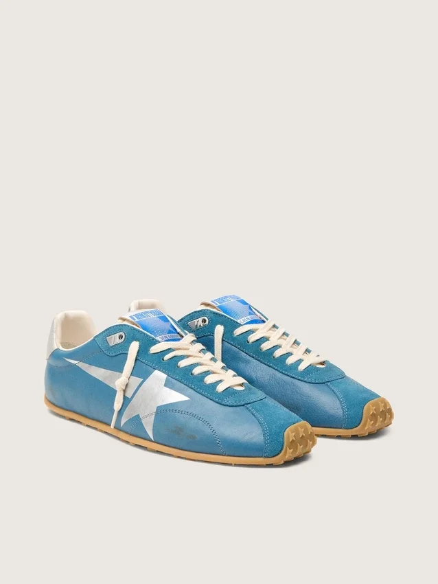Męskie buty Marathon Speed z niebieskiej skóry nappa z nadrukowaną gwiazdą i srebrną skórzaną wstawką na pięcie