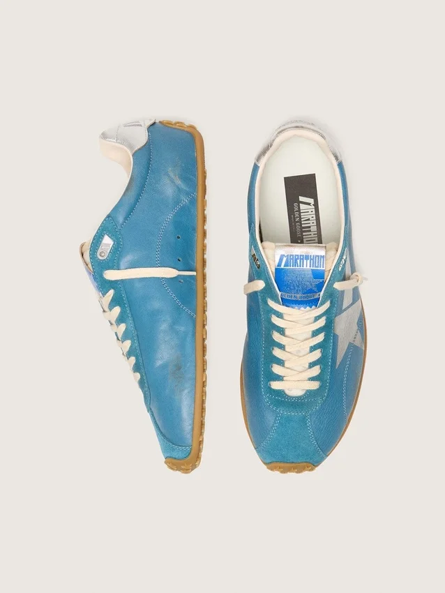 Męskie buty Marathon Speed z niebieskiej skóry nappa z nadrukowaną gwiazdą i srebrną skórzaną wstawką na pięcie