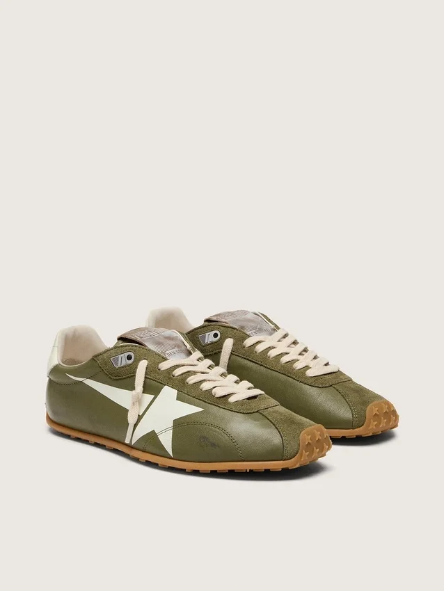 Damskie buty Marathon Speed z oliwkowo-zielonej skóry z kremową gwiazdką