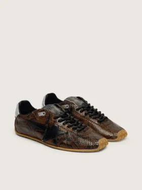 Damskie buty Marathon Speed ze skóry z brązowym nadrukiem wężowej skóry, czarną gwiazdą i srebrną skórzaną wstawką na pięcie