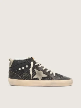 Damskie buty Mid Star w kolorze czarnym z brokatem, z gwiazdą i paskiem na pięcie z zamszu w kolorze gołębiej szarości