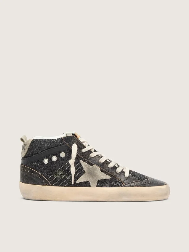 Damskie buty Mid Star w kolorze czarnym z brokatem, z gwiazdą i paskiem na pięcie z zamszu w kolorze gołębiej szarości