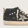 Damskie buty Mid Star w kolorze czarnym z brokatem, z gwiazdą i paskiem na pięcie z zamszu w kolorze gołębiej szarości
