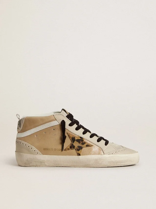 Damskie buty Mid Star z beżowej skóry naplak z gwiazdą z skóry kucyka w panterkę