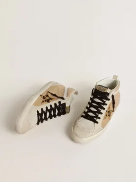 Damskie buty Mid Star z beżowej skóry naplak z gwiazdą z skóry kucyka w panterkę