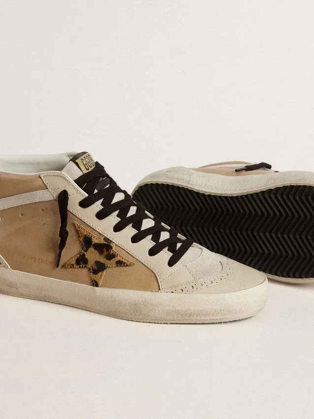Damskie buty Mid Star z beżowej skóry naplak z gwiazdą z skóry kucyka w panterkę