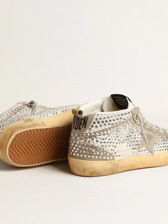 Damskie buty Mid Star z białego i gołębioszarego zamszu z kryształami Swarovskiego