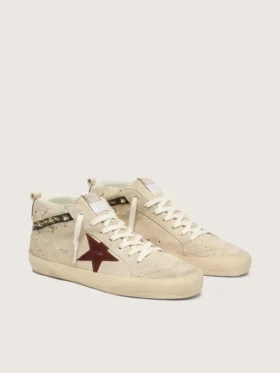 Damskie buty Mid Star z perłowego zamszu z bordową skórzaną gwiazdą oraz perłowymi i haftowanymi wstawkami