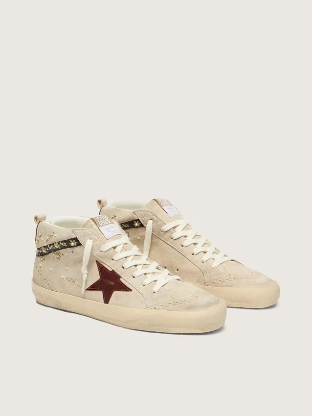 Damskie buty Mid Star z perłowego zamszu z bordową skórzaną gwiazdą oraz perłowymi i haftowanymi wstawkami