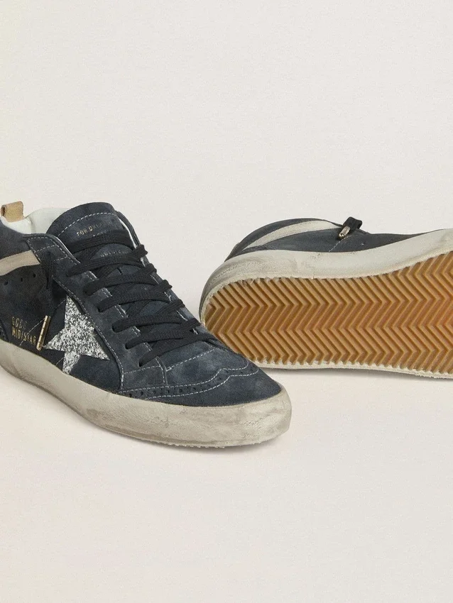 Damskie buty Mid Star z zamszu w kolorze benzynowo-niebieskim ze srebrną gwiazdą z brokatem i bawełnianym akcentem