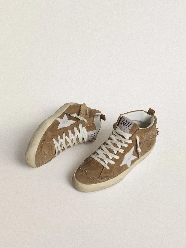 Damskie buty Mid Star z zamszu w kolorze tytoniowym z frędzlami i ćwiekami