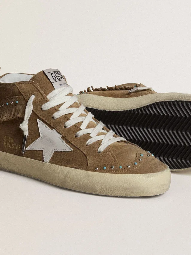 Damskie buty Mid Star z zamszu w kolorze tytoniowym z frędzlami i ćwiekami