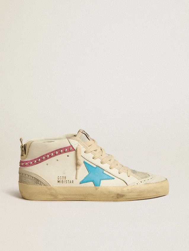 Damskie buty Mid Star ze skóry z jasnoniebieską gwiazdą i fuksjowym zamszowym akcentem z platynowymi ćwiekami