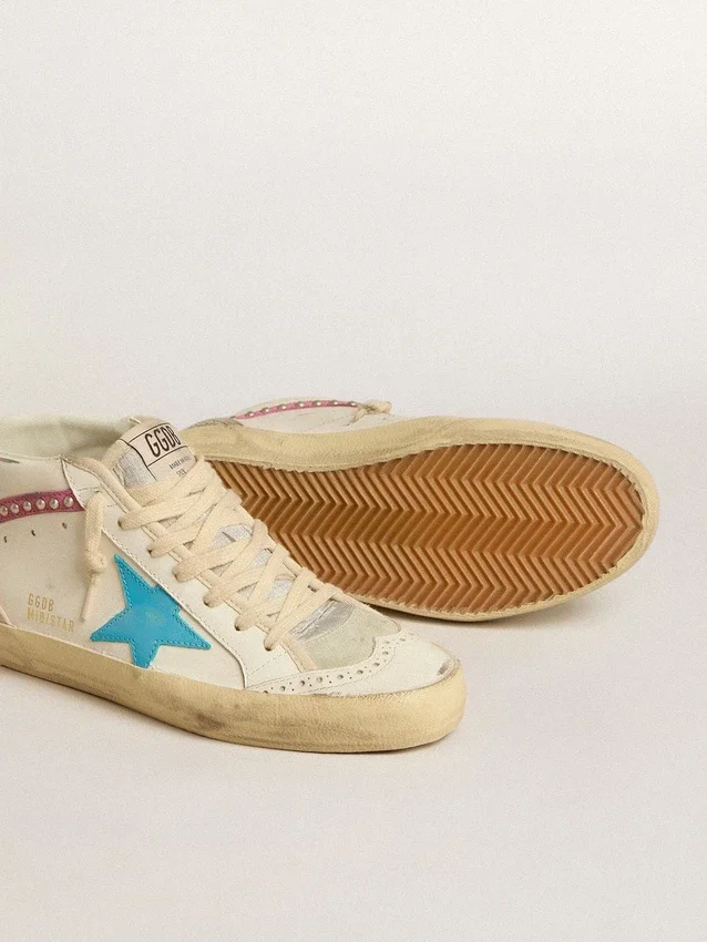 Damskie buty Mid Star ze skóry z jasnoniebieską gwiazdą i fuksjowym zamszowym akcentem z platynowymi ćwiekami