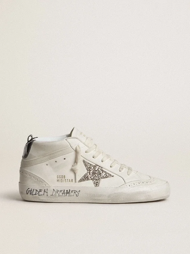 Damskie buty Mid Star ze srebrną brokatową gwiazdą i czarną laminowaną wstawką na pięcie
