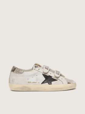 Damskie buty Old School z białej skóry z czarną skórzaną gwiazdą i wstawkami z nadrukiem wężowej skóry