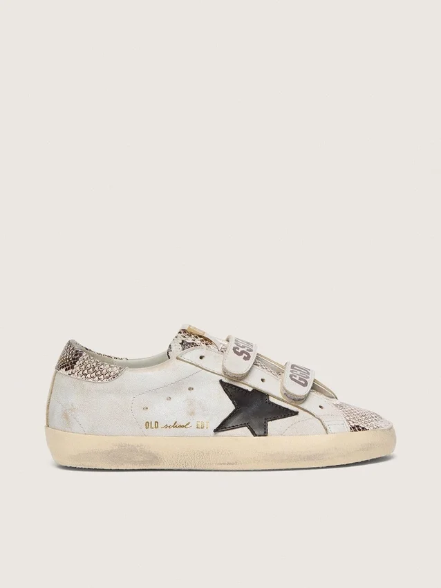 Damskie buty Old School z białej skóry z czarną skórzaną gwiazdą i wstawkami z nadrukiem wężowej skóry