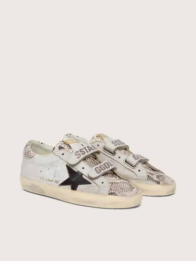 Damskie buty Old School z białej skóry z czarną skórzaną gwiazdą i wstawkami z nadrukiem wężowej skóry