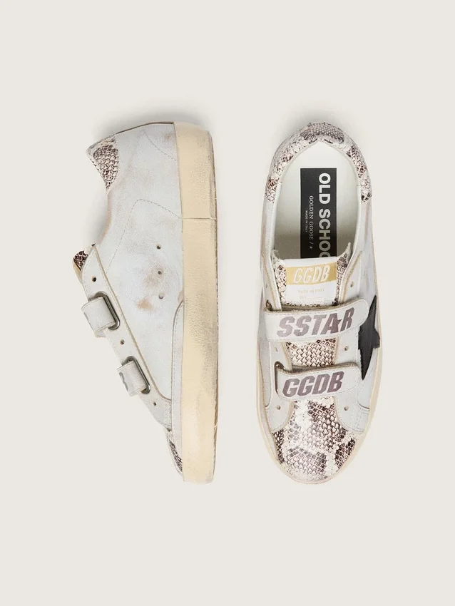 Damskie buty Old School z białej skóry z czarną skórzaną gwiazdą i wstawkami z nadrukiem wężowej skóry
