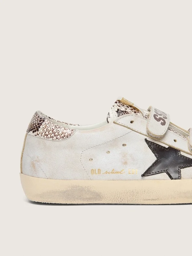Damskie buty Old School z białej skóry z czarną skórzaną gwiazdą i wstawkami z nadrukiem wężowej skóry