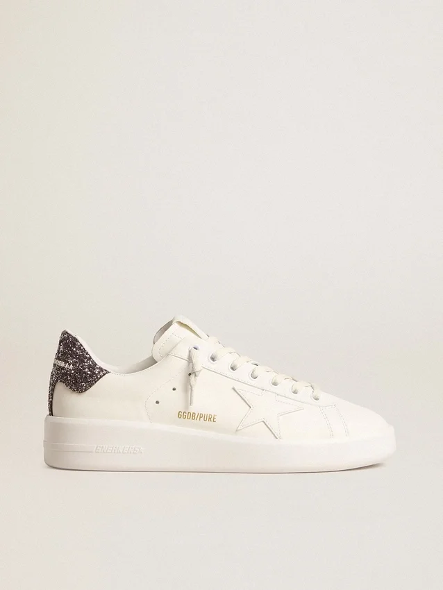 Damskie buty Purestar z białą skórzaną gwiazdką i antracytową błyszczącą wstawką na obcasie