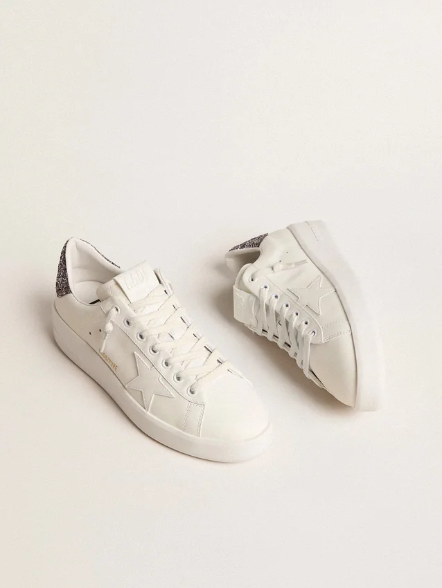 Damskie buty Purestar z białą skórzaną gwiazdką i antracytową błyszczącą wstawką na obcasie