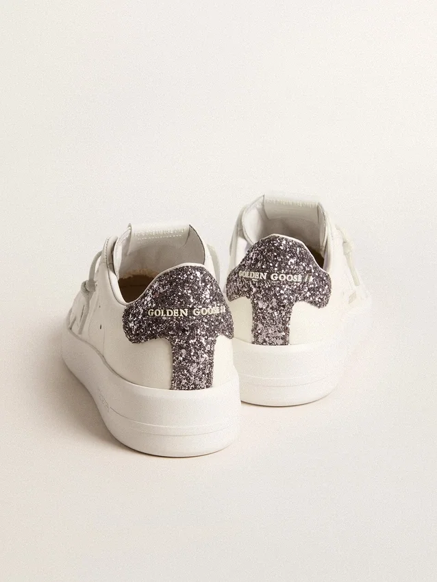 Damskie buty Purestar z białą skórzaną gwiazdką i antracytową błyszczącą wstawką na obcasie