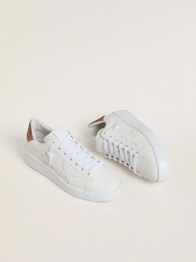 Damskie buty Purestar z białą skórzaną gwiazdką i brązową kryształową wstawką na obcasie