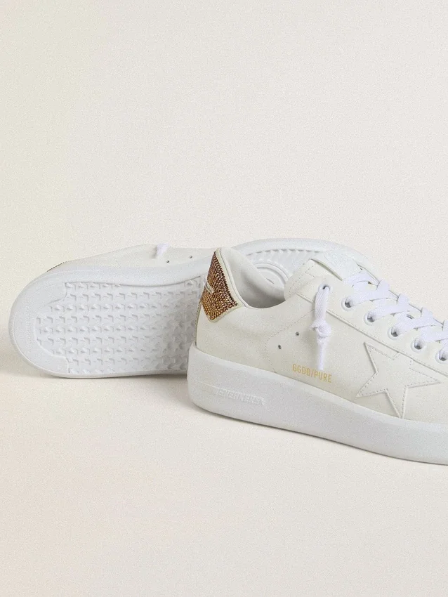 Damskie buty Purestar z białą skórzaną gwiazdką i brązową kryształową wstawką na obcasie