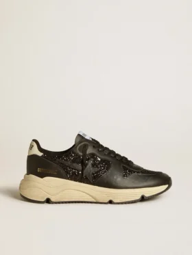 Damskie buty Running Sole w czarnym brokacie z skórzaną gwiazdką i nubukową wstawką na pięcie