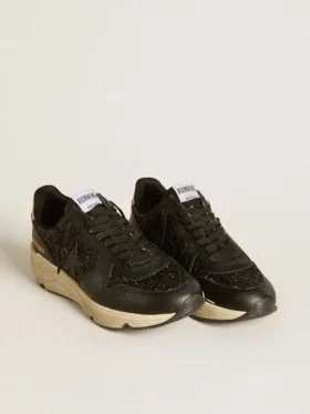 Damskie buty Running Sole w czarnym brokacie z skórzaną gwiazdką i nubukową wstawką na pięcie