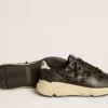 Damskie buty Running Sole w czarnym brokacie z skórzaną gwiazdką i nubukową wstawką na pięcie