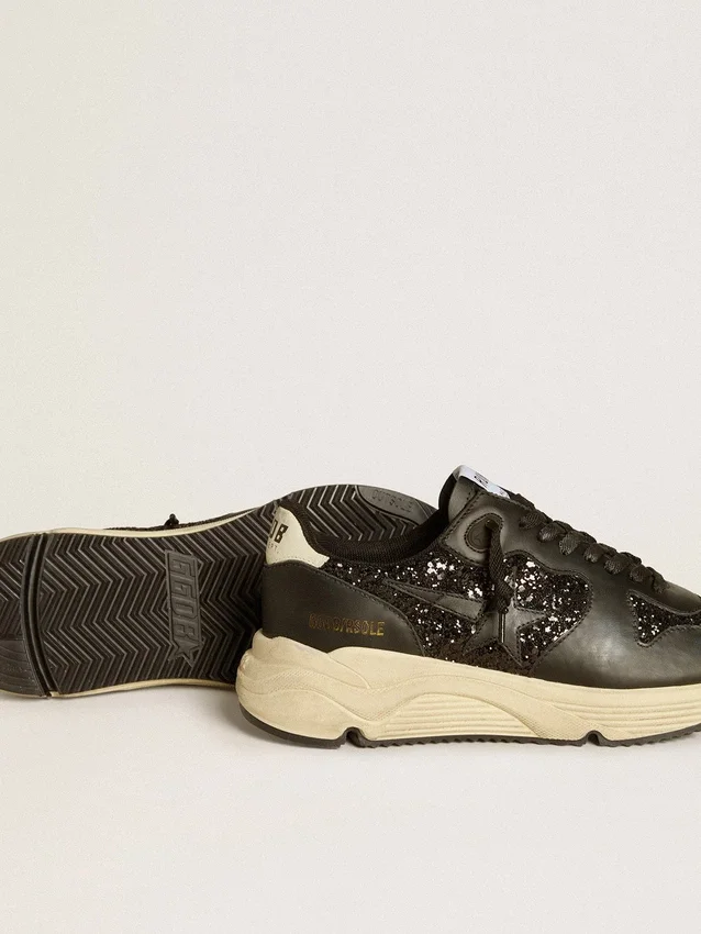 Damskie buty Running Sole w czarnym brokacie z skórzaną gwiazdką i nubukową wstawką na pięcie