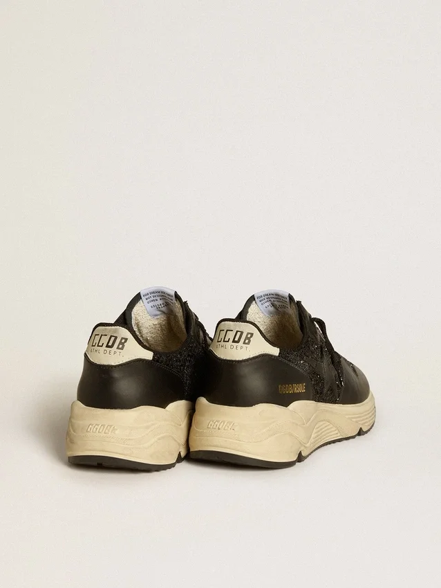 Damskie buty Running Sole w czarnym brokacie z skórzaną gwiazdką i nubukową wstawką na pięcie