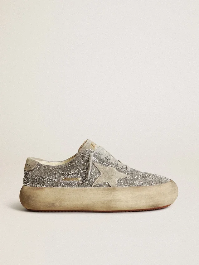 Damskie buty Space-Star w srebrnym brokacie z lodowoszarym gwiazdkiem