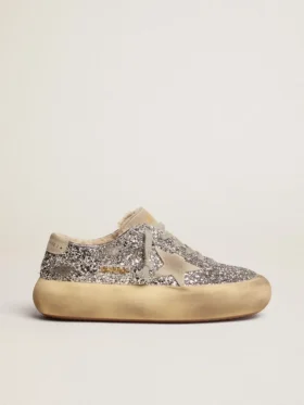 Damskie buty Space-Star w srebrnym brokacie z podszewką z owczej skóry