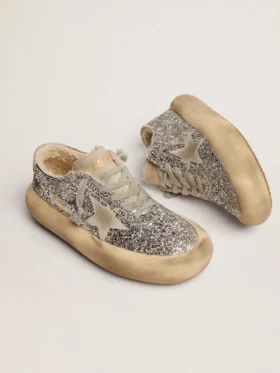 Damskie buty Space-Star w srebrnym brokacie z podszewką z owczej skóry