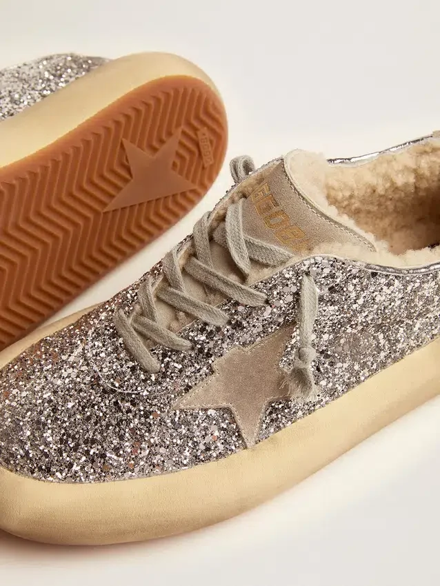 Damskie buty Space-Star w srebrnym brokacie z podszewką z owczej skóry