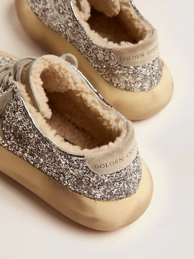 Damskie buty Space-Star w srebrnym brokacie z podszewką z owczej skóry