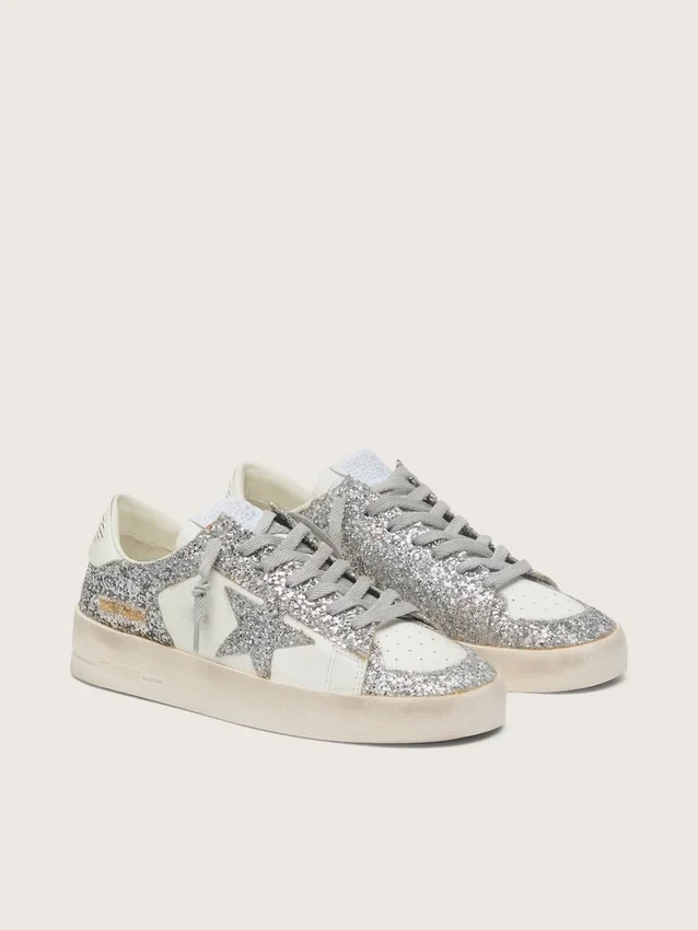 Damskie buty Stardan z białej skóry z brokatem